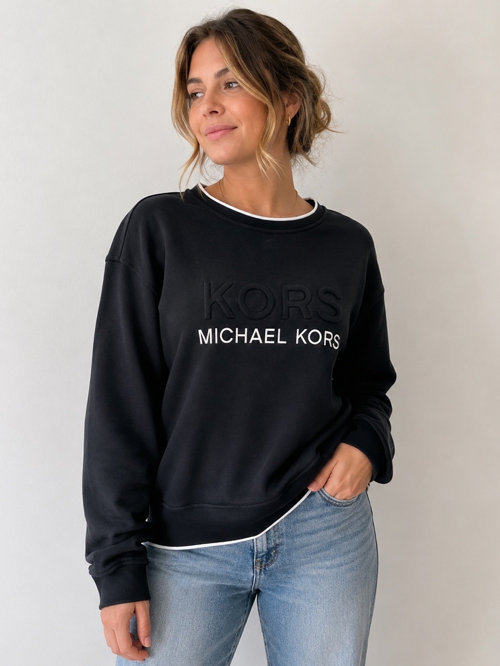 Michael Kors Logo Crew Neck Fleece Sweatshirt Black XL Embossed Logo 25x28